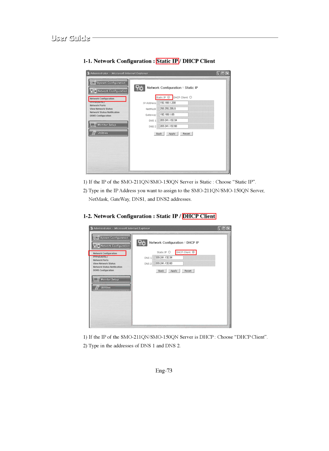 Samsung SMO-150QN, SMO-211QN manual Network Configuration Static IP / Dhcp Client, Eng-73 