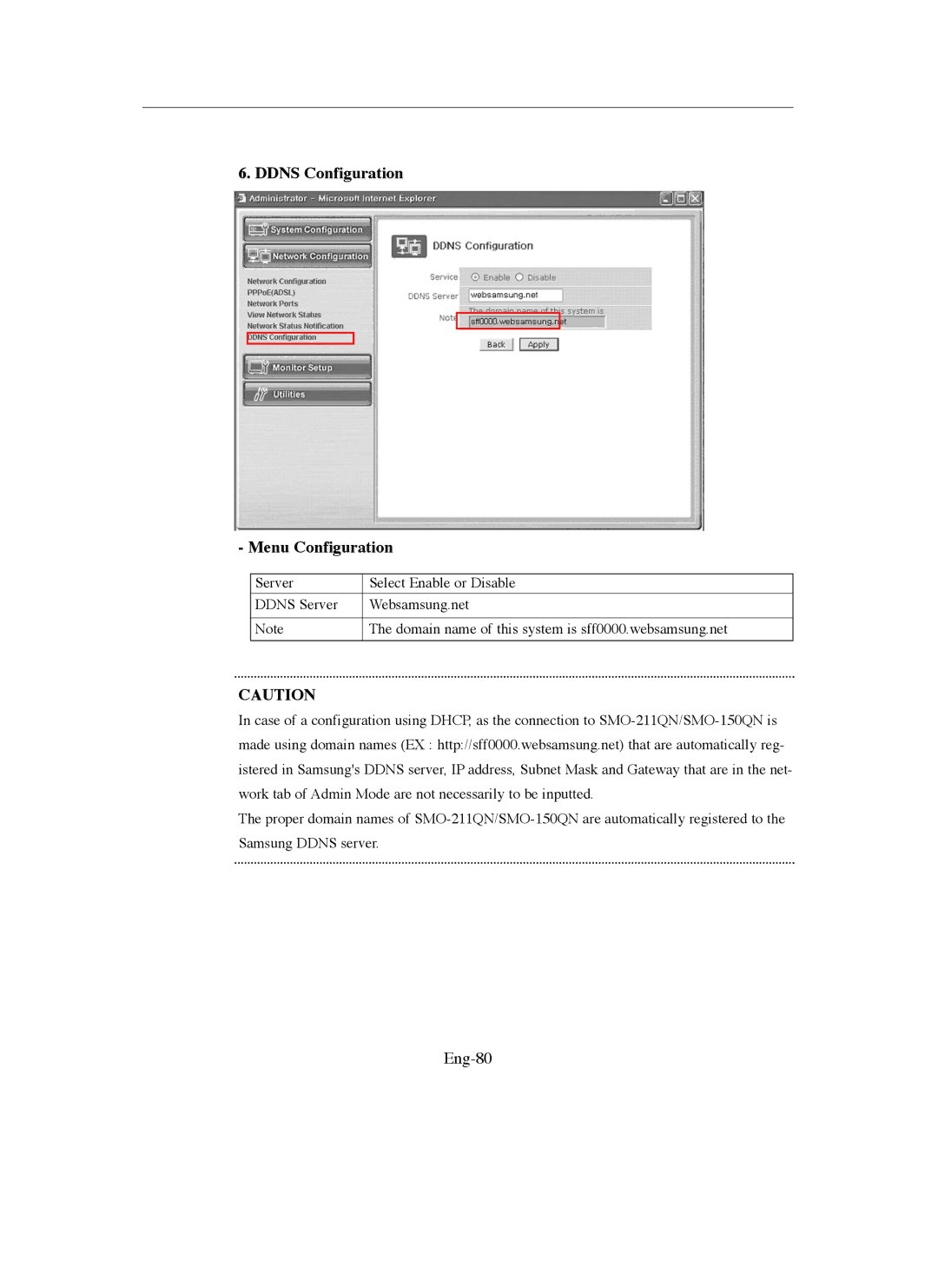 Samsung SMO-211QN, SMO-150QN manual Ddns Configuration Menu Configuration, Eng-80 