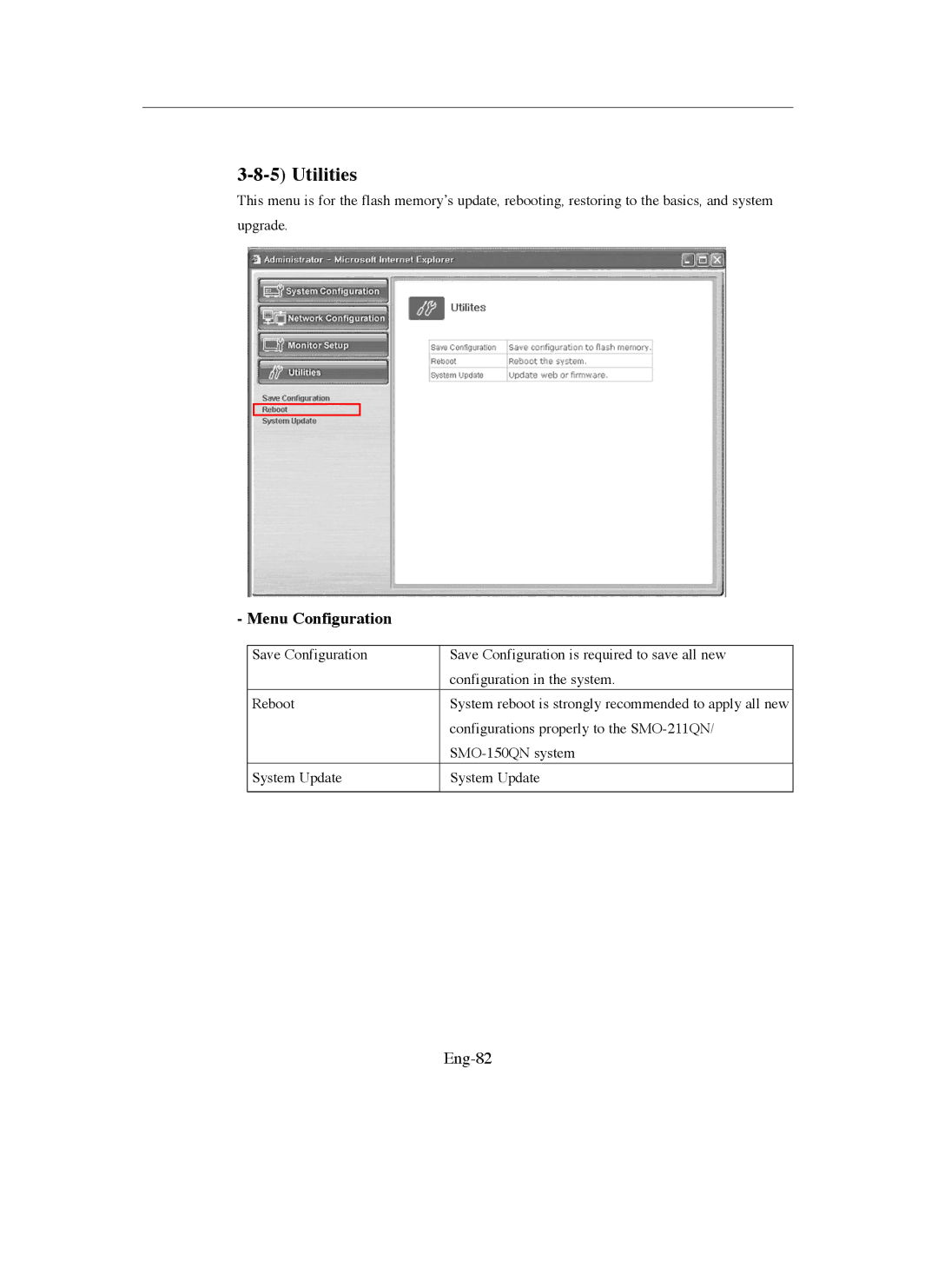 Samsung SMO-211QN, SMO-150QN manual Utilities, Eng-82 