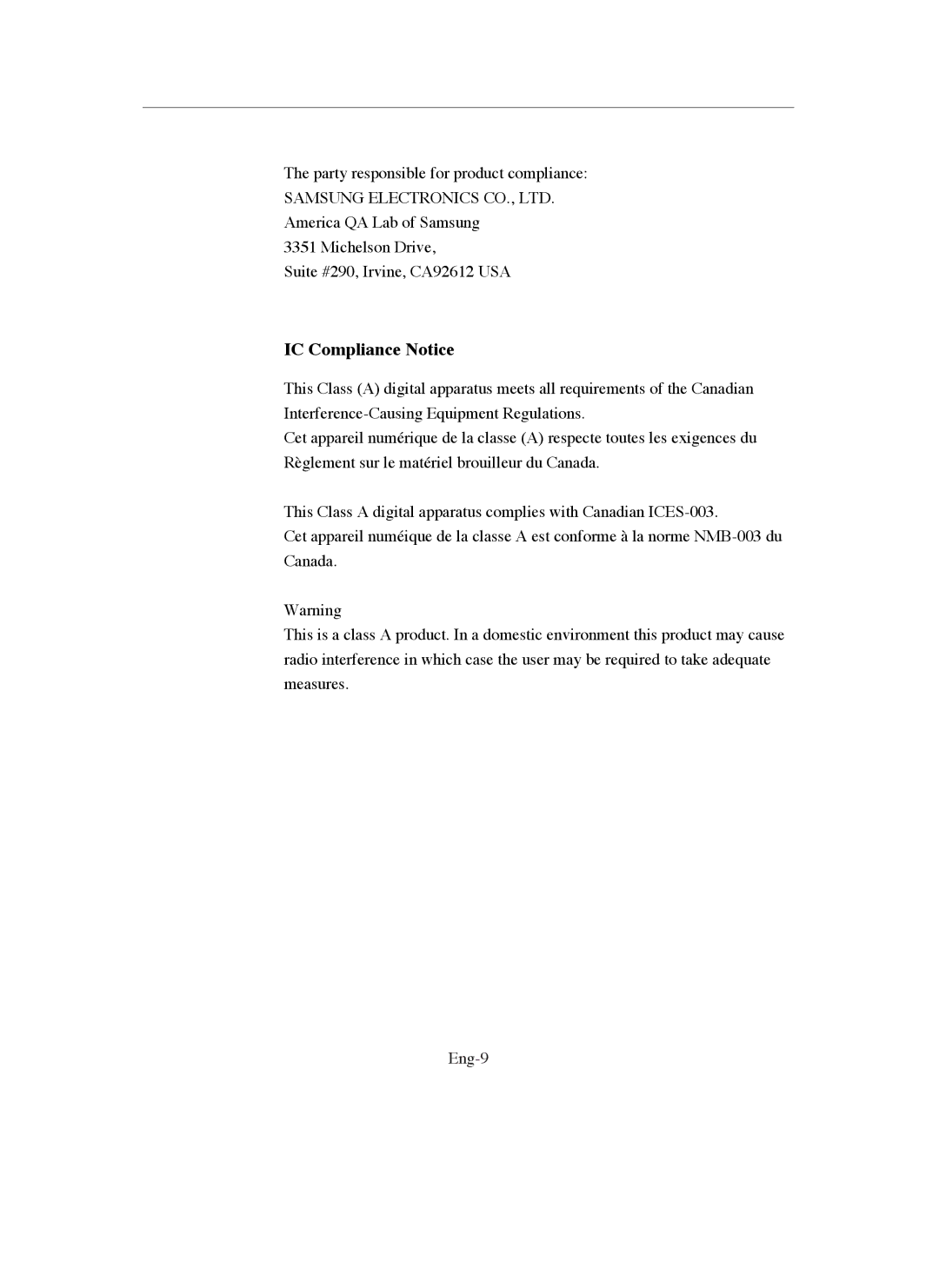 Samsung SMO-150QN, SMO-211QN manual IC Compliance Notice 