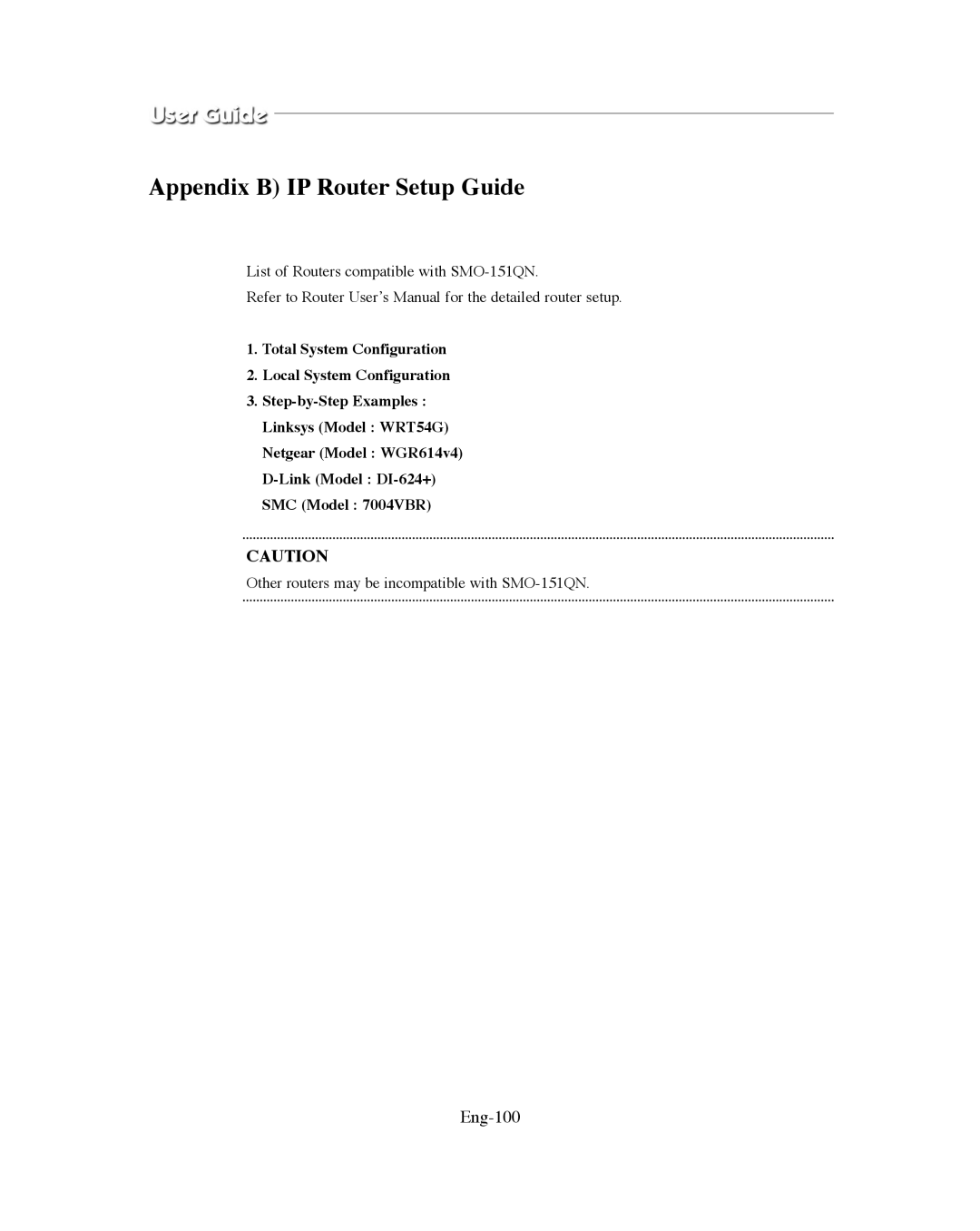 Samsung SMO-XAAV, SMO-151QN/XAAV manual Appendix B IP Router Setup Guide, Eng-100 