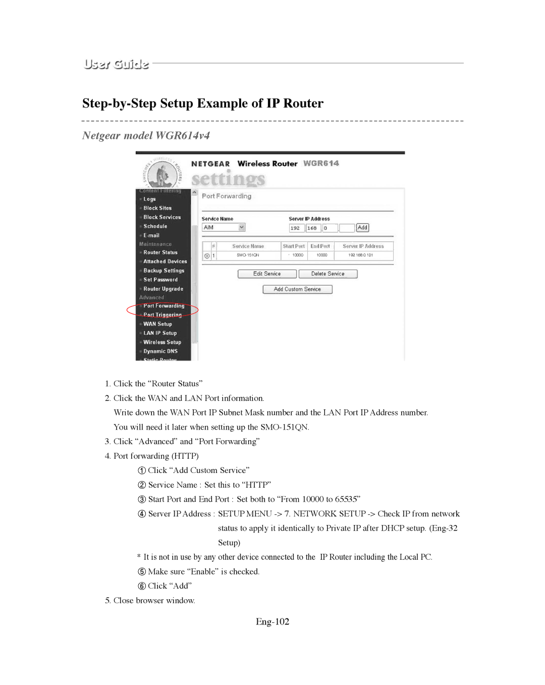 Samsung SMO-XAAV, SMO-151QN/XAAV manual Netgear model WGR614v4, Eng-102 