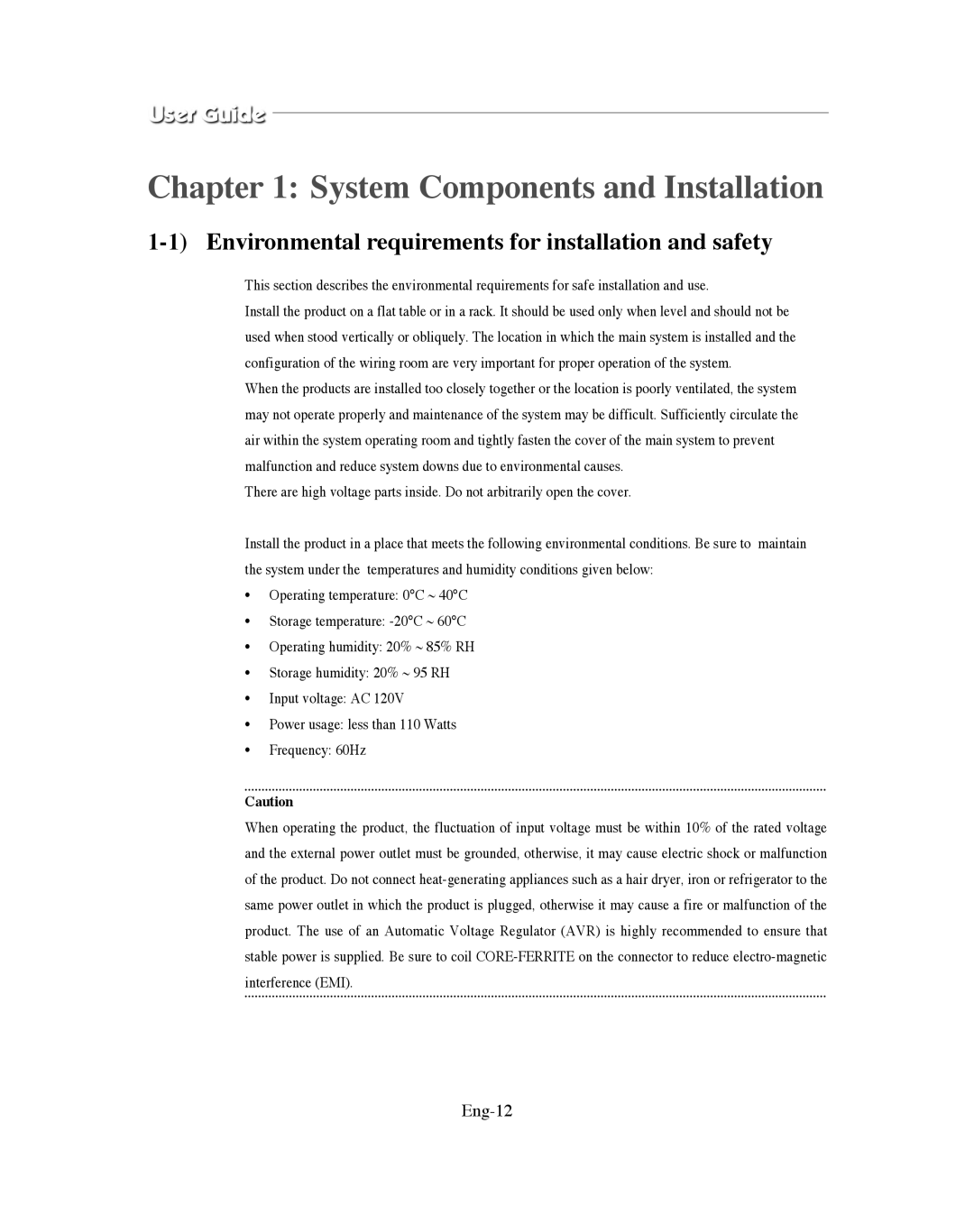 Samsung SMO-XAAV, SMO-151QN/XAAV manual Environmental requirements for installation and safety, Eng-12 