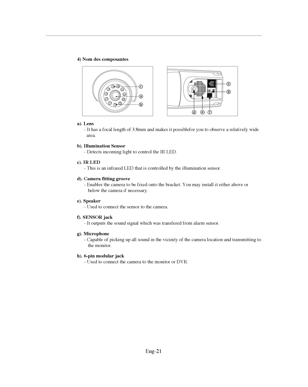 Samsung SMO-151QN/XAAV, SMO-XAAV manual Eng-21, Nom des composantes Lens, Illumination Sensor, Ir Led 