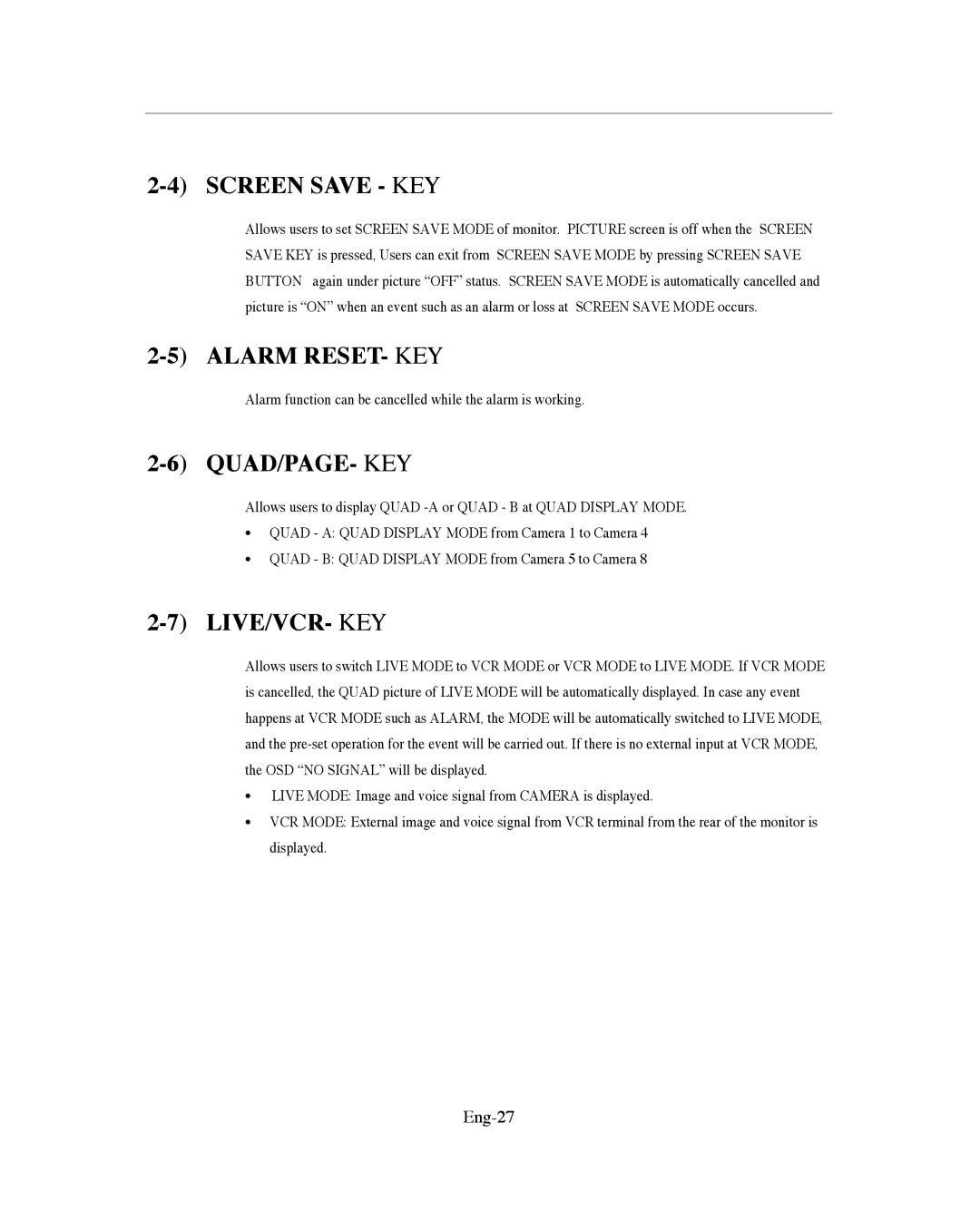 Samsung SMO-151QN/XAAV, SMO-XAAV manual Screen Save KEY, Alarm RESET- KEY, Quad/Page- Key, Live/Vcr- Key, Eng-27 