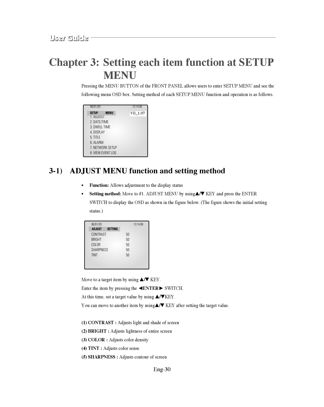 Samsung SMO-XAAV, SMO-151QN/XAAV manual Adjust Menu function and setting method, Eng-30 