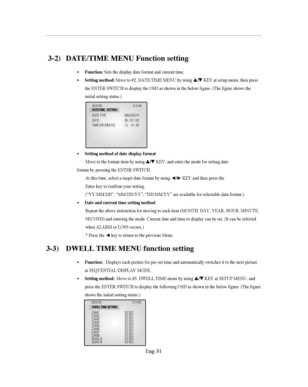 Samsung SMO-151QN/XAAV, SMO-XAAV manual DATE/TIME Menu Function setting, Dwell Time Menu function setting, Eng-31 