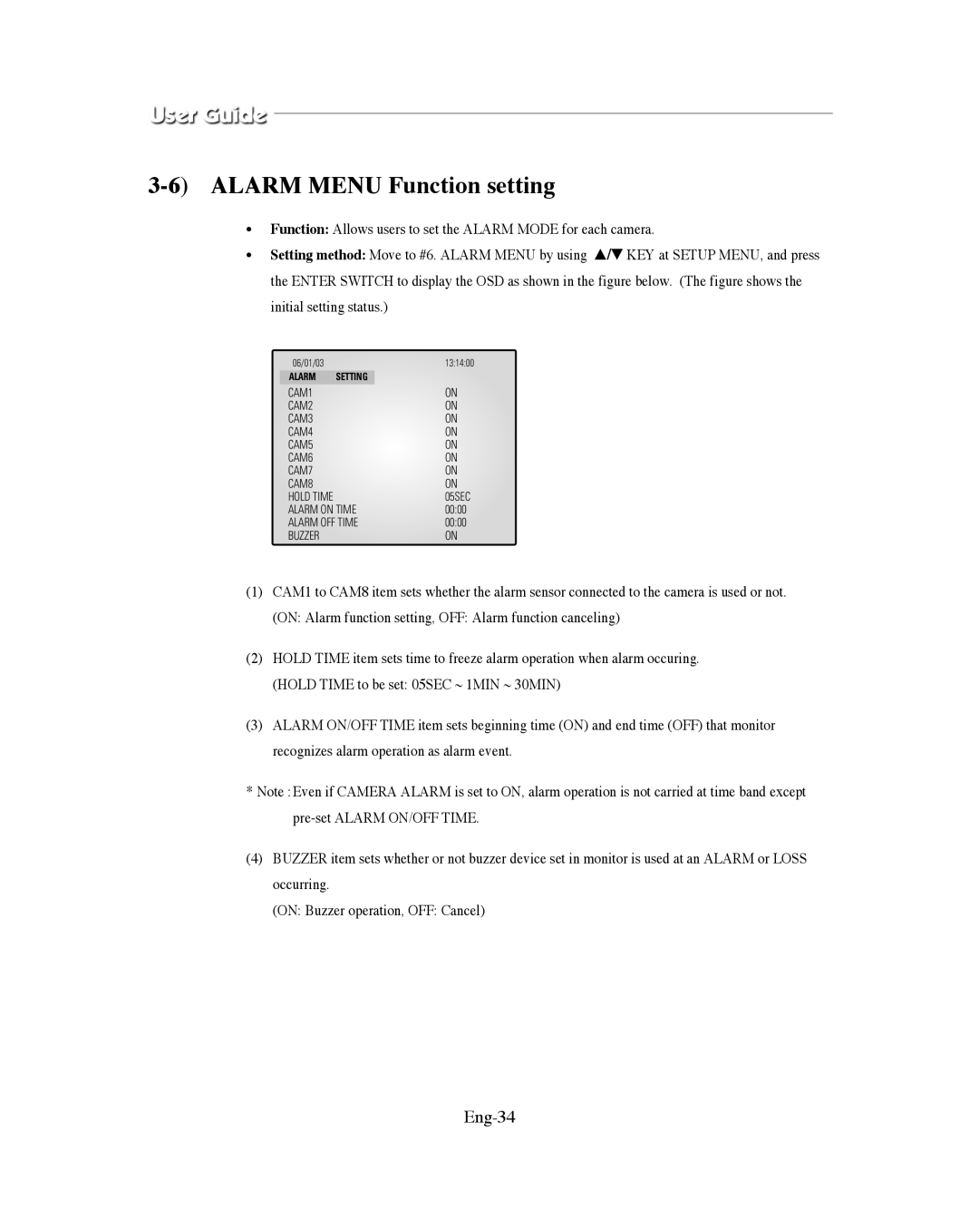 Samsung SMO-XAAV, SMO-151QN/XAAV manual Alarm Menu Function setting, Eng-34 