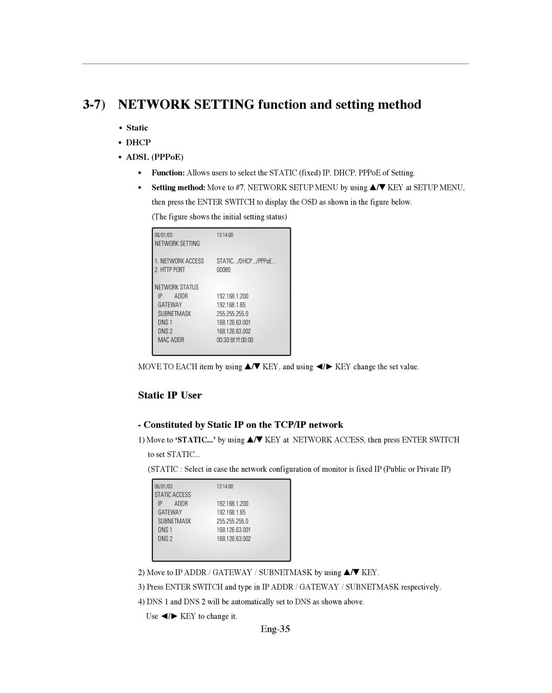 Samsung SMO-151QN/XAAV Network Setting function and setting method, Constituted by Static IP on the TCP/IP network, Eng-35 