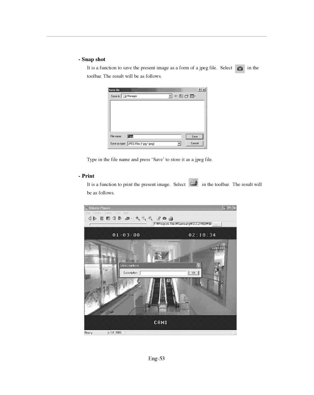 Samsung SMO-151QN/XAAV, SMO-XAAV manual Snap shot, Print, Eng-53 