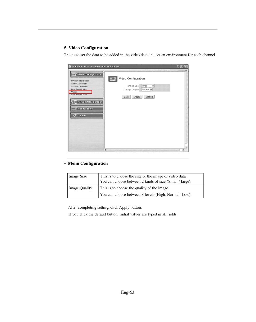 Samsung SMO-151QN/XAAV, SMO-XAAV manual Video Configuration, Eng-63 