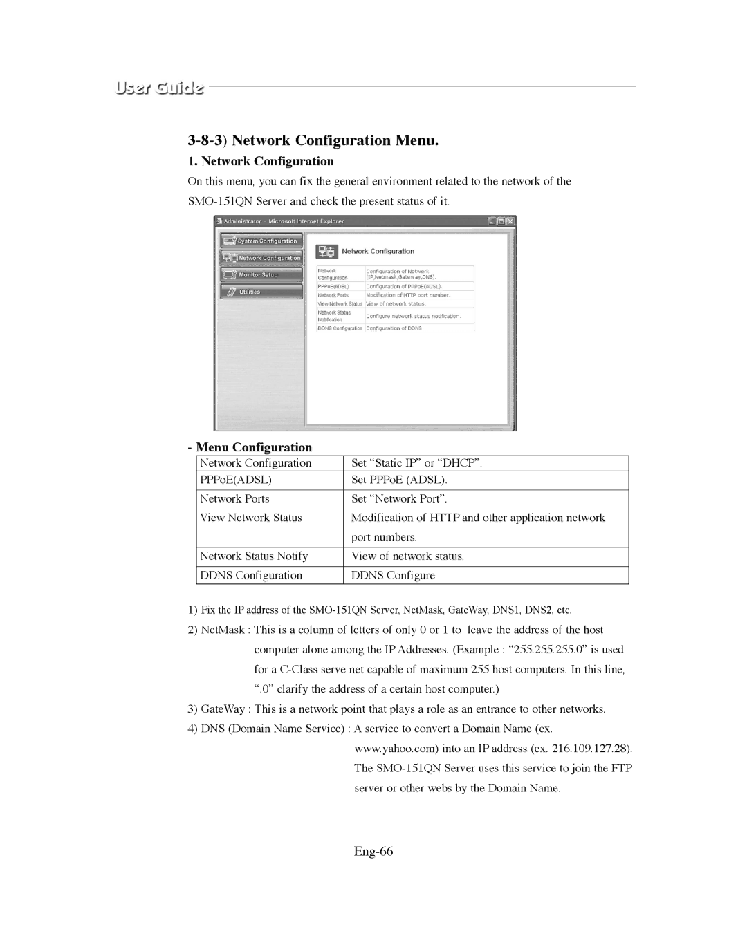 Samsung SMO-XAAV, SMO-151QN/XAAV manual Network Configuration, Eng-66 