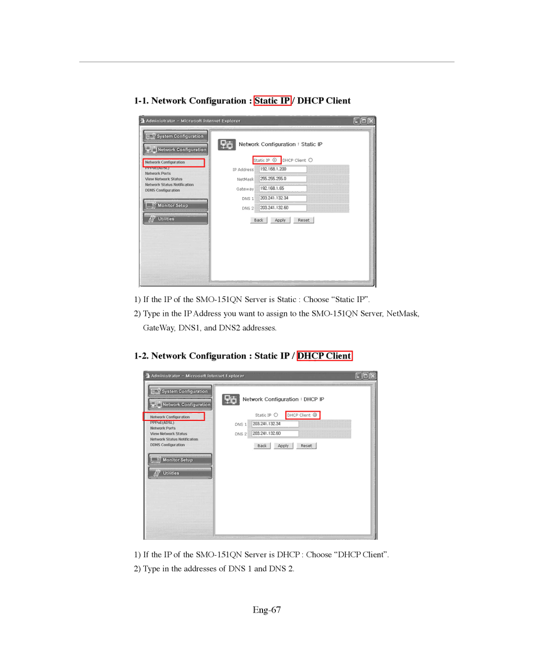 Samsung SMO-151QN/XAAV, SMO-XAAV manual Network Configuration Static IP / Dhcp Client, Eng-67 