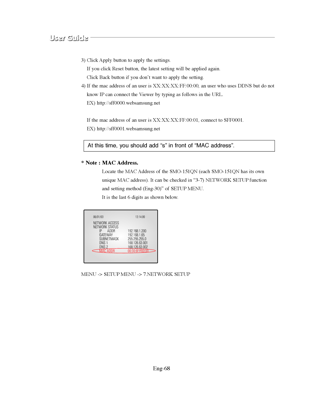 Samsung SMO-XAAV, SMO-151QN/XAAV manual At this time, you should add s in front of MAC address, Eng-68 