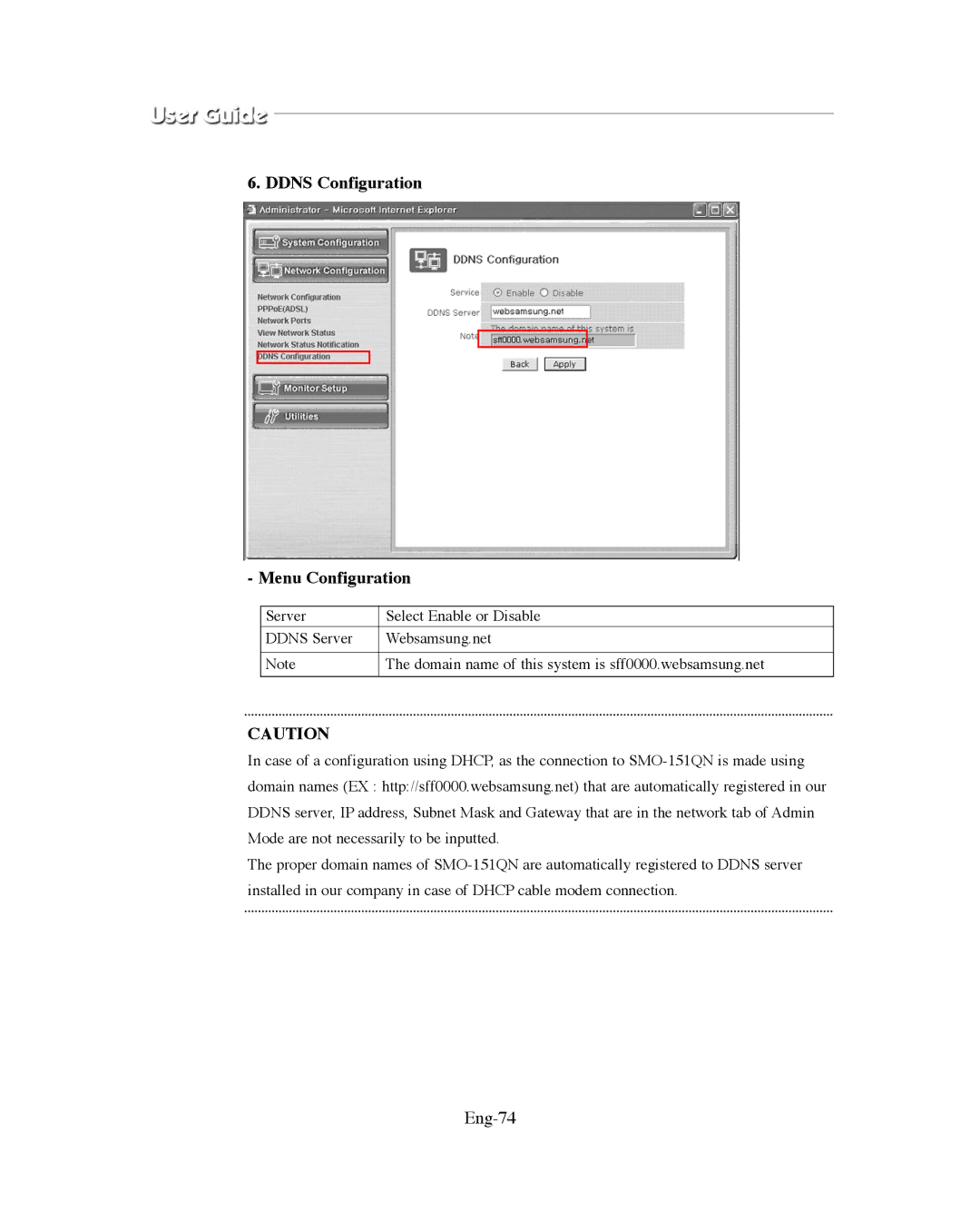 Samsung SMO-XAAV, SMO-151QN/XAAV manual Ddns Configuration Menu Configuration, Eng-74 