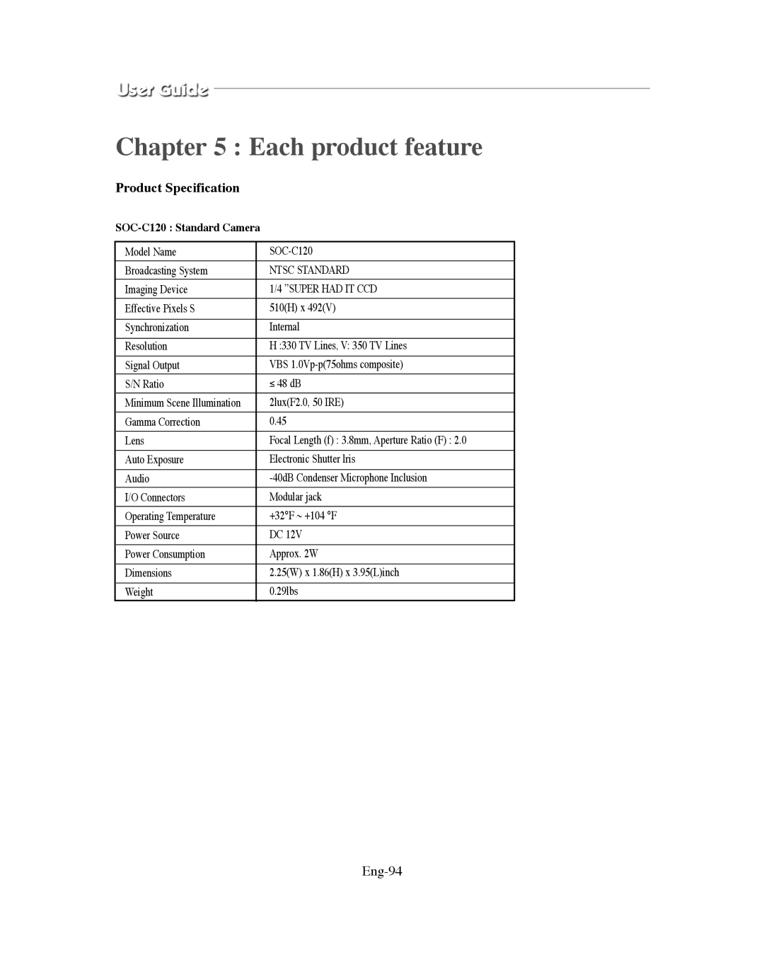 Samsung SMO-XAAV, SMO-151QN/XAAV manual Product Specification, Eng-94, SOC-C120 Standard Camera 