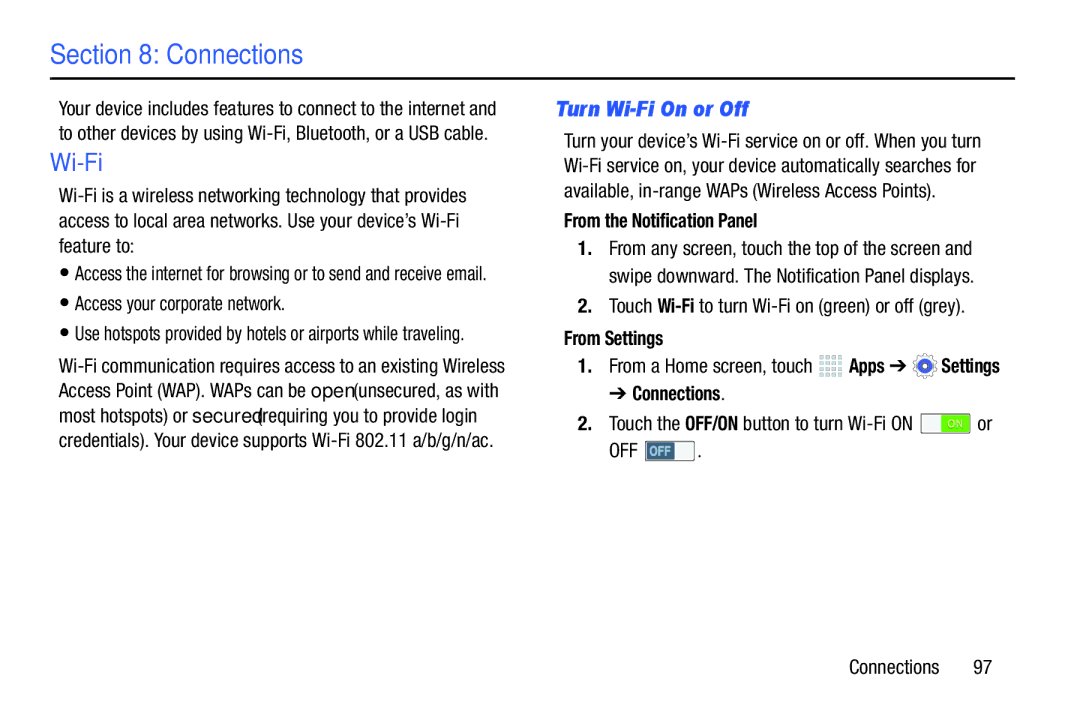 Samsung SM/P6000ZWYX, SMP9000ZKYXAR Turn Wi-Fi On or Off, From the Notification Panel, From Settings, Connections 