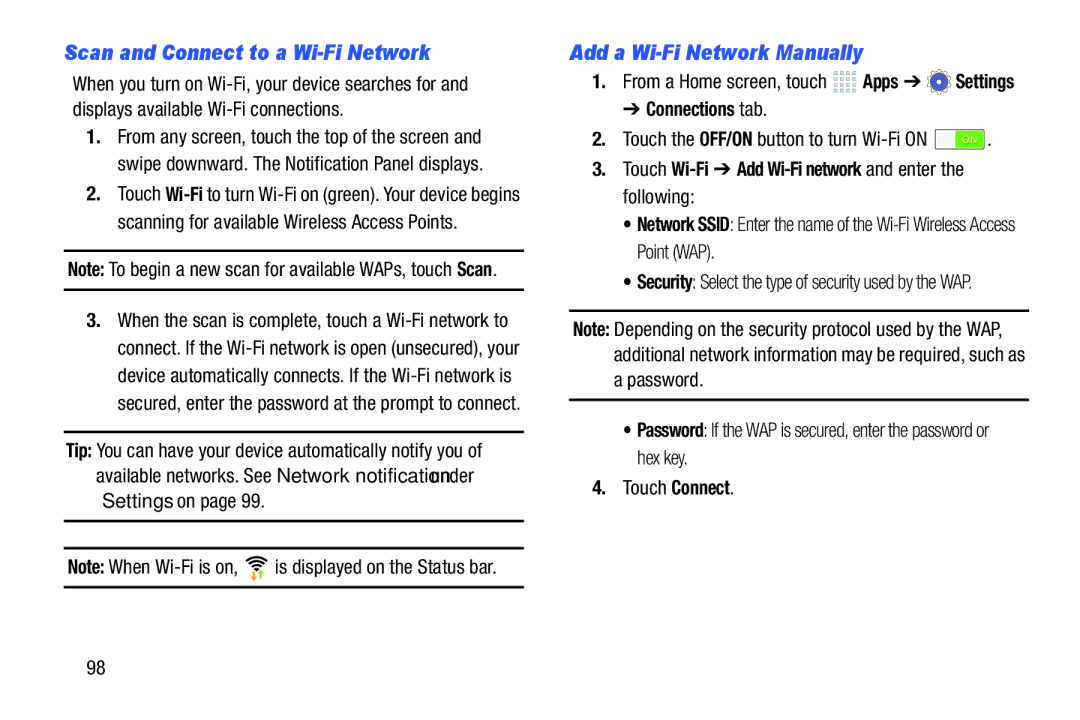 Samsung SMP9000ZKYXAR, SM/P6000ZWYX Scan and Connect to a Wi-Fi Network, Add a Wi-Fi Network Manually, Connections tab 