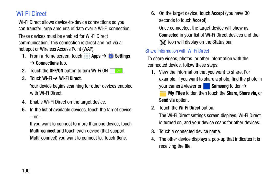 Samsung SMP9000ZKYXAR, SM/P6000ZWYX user manual Touch Wi-Fi Wi-Fi Direct, Share Information with Wi-Fi Direct 
