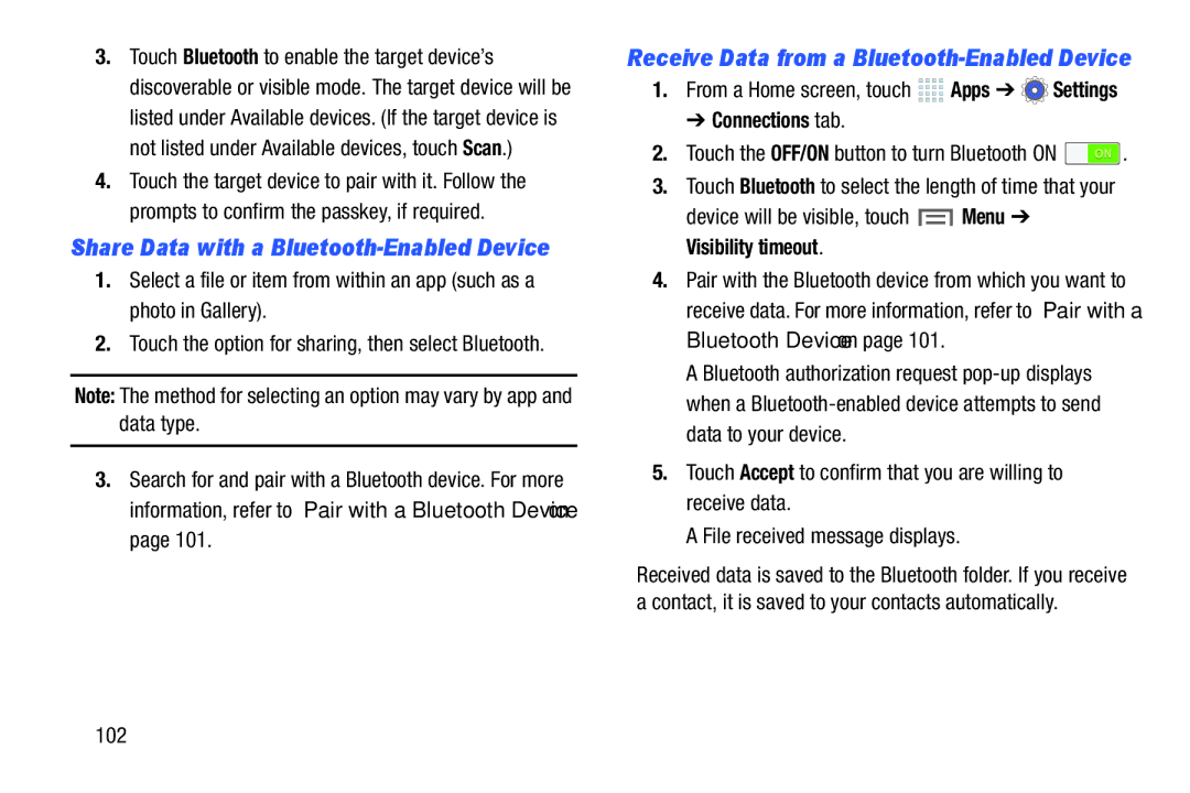 Samsung SMP9000ZKYXAR, SM/P6000ZWYX user manual Device will be visible, touch Menu Visibility timeout, 102 