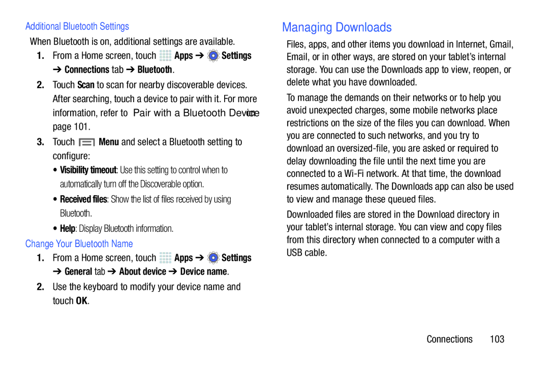 Samsung SM/P6000ZWYX, SMP9000ZKYXAR user manual Managing Downloads, Additional Bluetooth Settings, Connections tab Bluetooth 