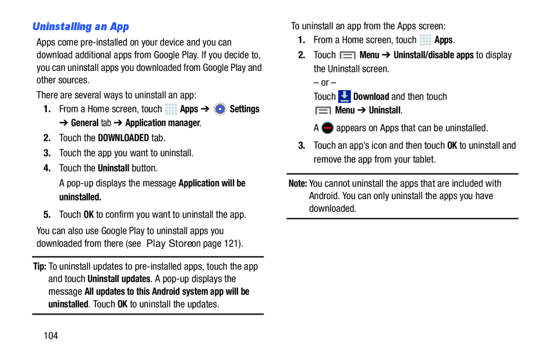 Samsung SMP9000ZKYXAR, SM/P6000ZWYX user manual Uninstalling an App, Touch Download and then touch, Menu Uninstall, 104 