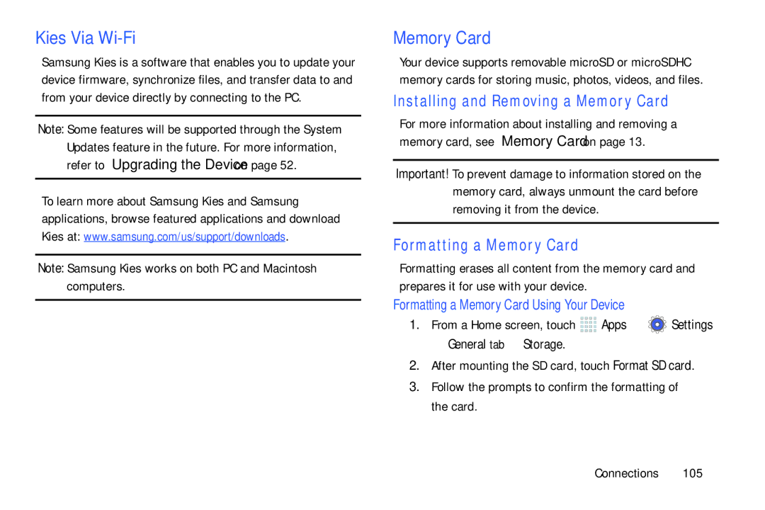 Samsung SM/P6000ZWYX Kies Via Wi-Fi, Installing and Removing a Memory Card, Formatting a Memory Card, General tab Storage 