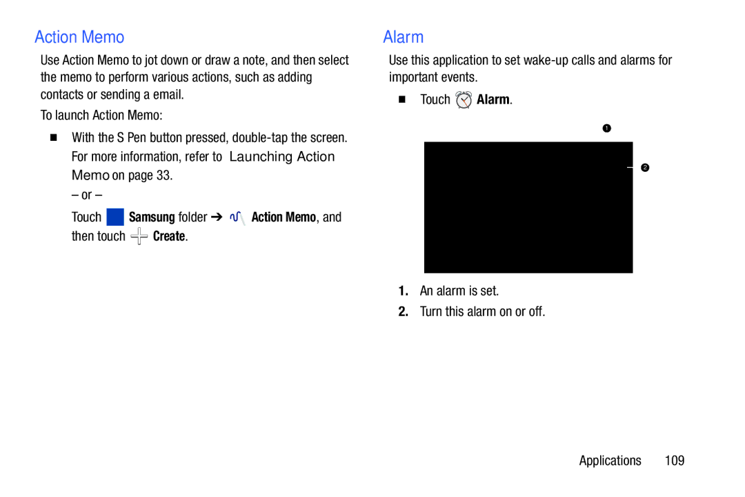 Samsung SM/P6000ZWYX, SMP9000ZKYXAR user manual Action Memo, Alarm, Then touch Create 