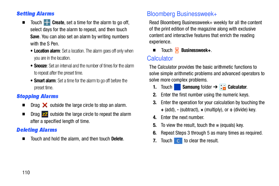 Samsung SMP9000ZKYXAR, SM/P6000ZWYX Bloomberg Businessweek+, Calculator, Setting Alarms, Stopping Alarms, Deleting Alarms 
