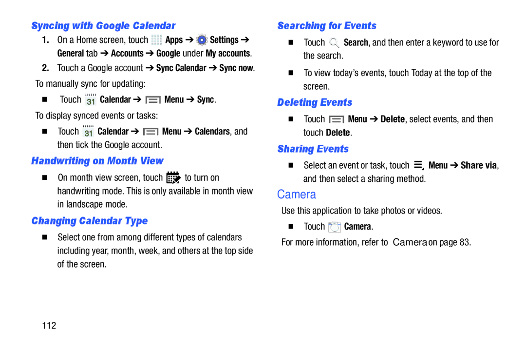 Samsung SMP9000ZKYXAR Syncing with Google Calendar, Handwriting on Month View, Changing Calendar Type, Deleting Events 