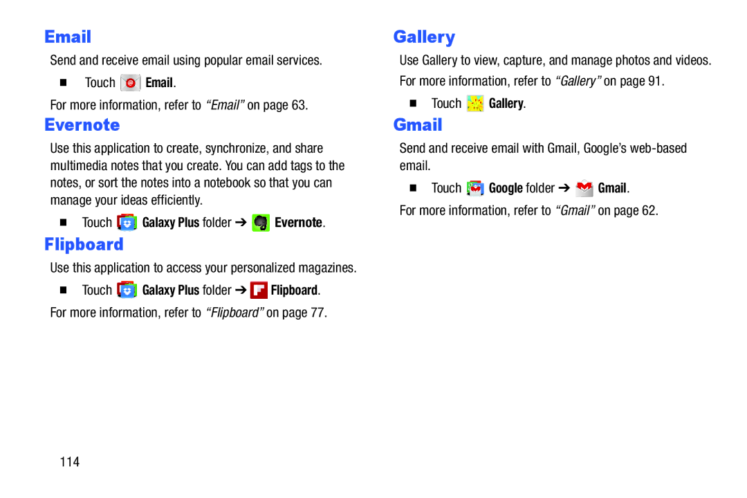 Samsung SMP9000ZKYXAR, SM/P6000ZWYX user manual  Touch Galaxy Plus folder Evernote,  Touch Gallery 