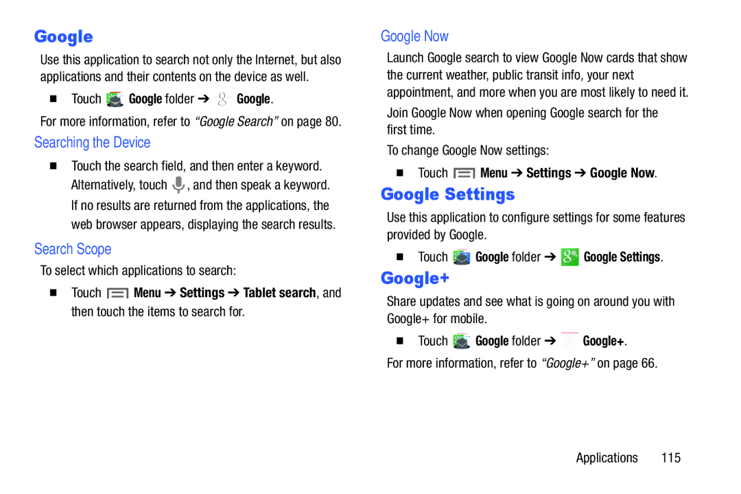 Samsung SM/P6000ZWYX, SMP9000ZKYXAR user manual Google Settings, Searching the Device, Search Scope, Google Now 