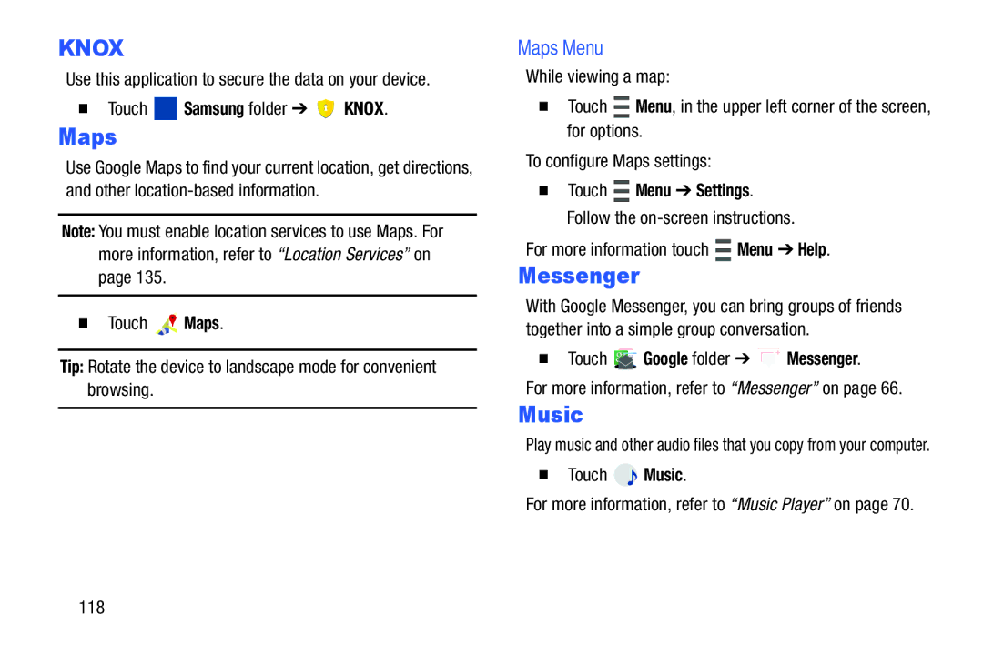 Samsung SMP9000ZKYXAR, SM/P6000ZWYX user manual Music, Maps Menu,  Touch Google folder Messenger 