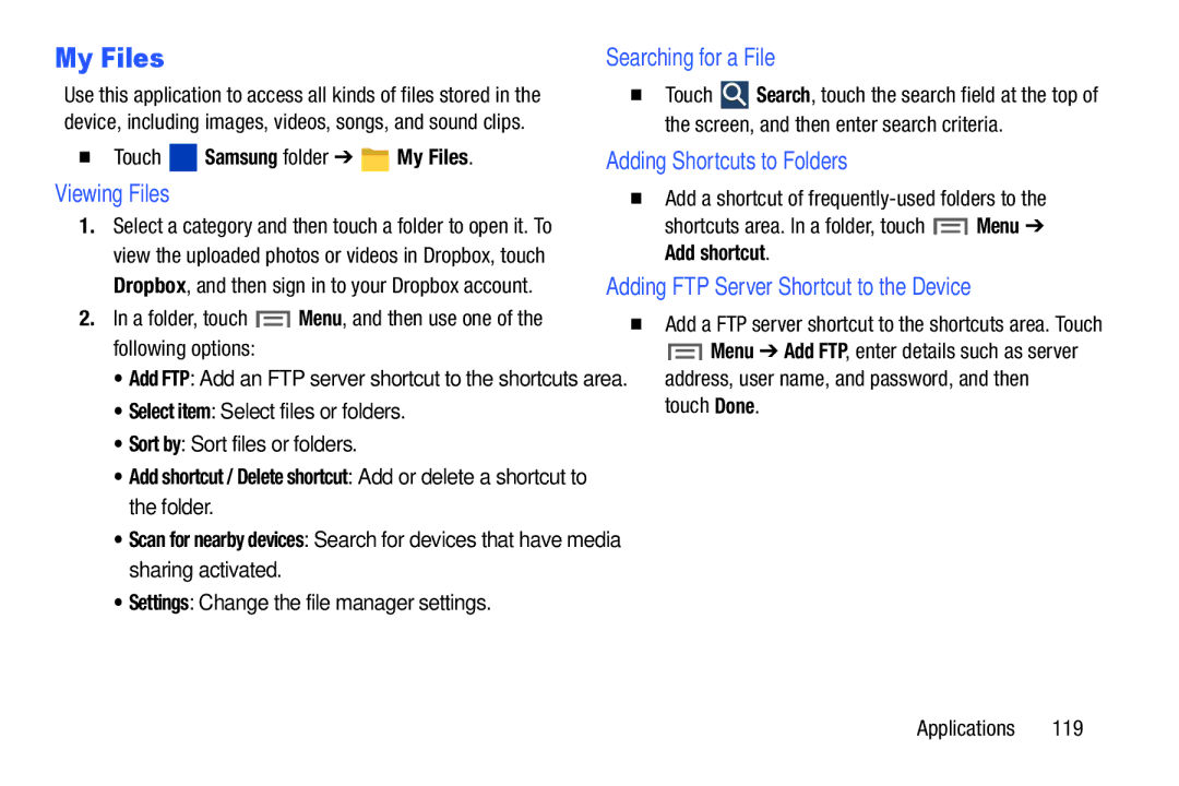 Samsung SM/P6000ZWYX, SMP9000ZKYXAR user manual My Files, Viewing Files, Searching for a File, Adding Shortcuts to Folders 