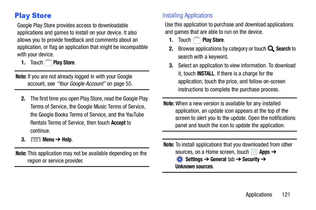 Samsung SM/P6000ZWYX, SMP9000ZKYXAR user manual Installing Applications, Touch Play Store, Menu Help 