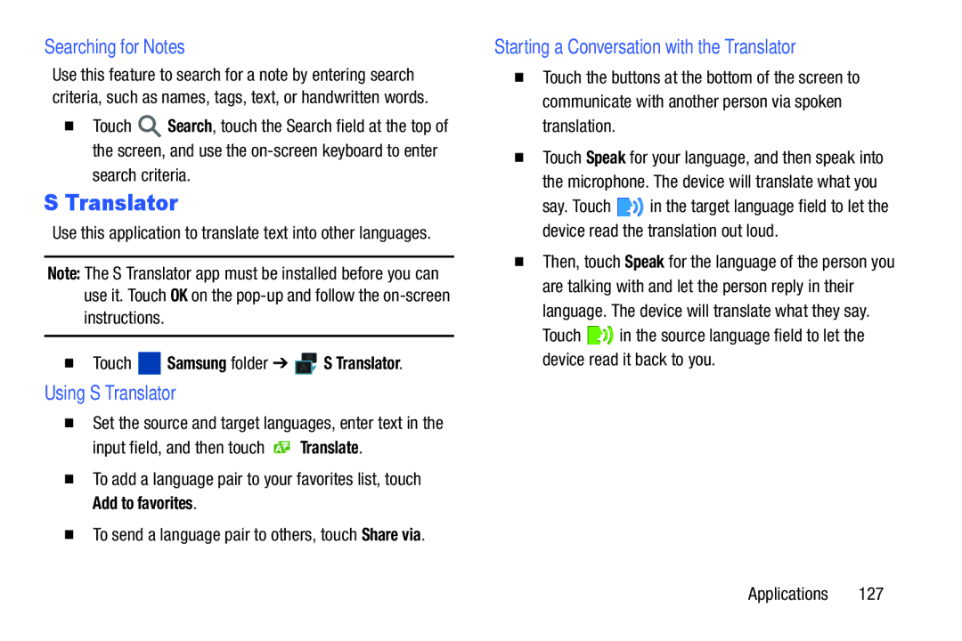 Samsung SM/P6000ZWYX Searching for Notes, Using S Translator, Search criteria,  Touch Samsung folder S Translator 