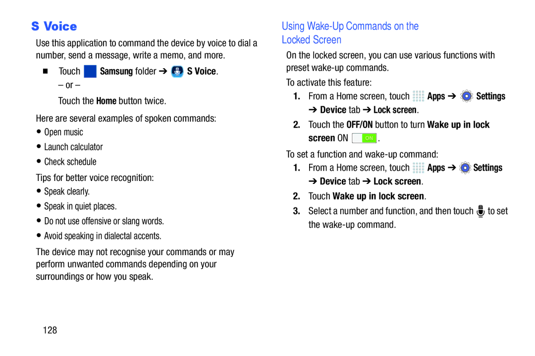 Samsung SMP9000ZKYXAR, SM/P6000ZWYX user manual Voice, Using Wake-Up Commands on Locked Screen 