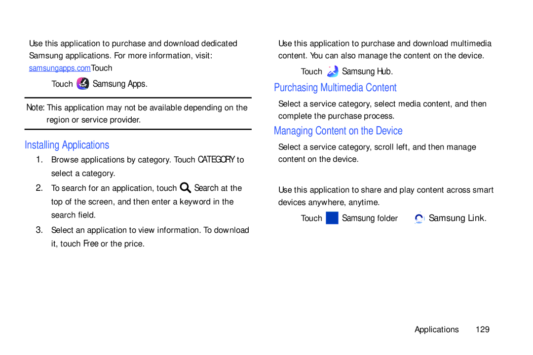 Samsung SM/P6000ZWYX, SMP9000ZKYXAR user manual Samsung Apps, Samsung Hub, Samsung Link, Purchasing Multimedia Content 