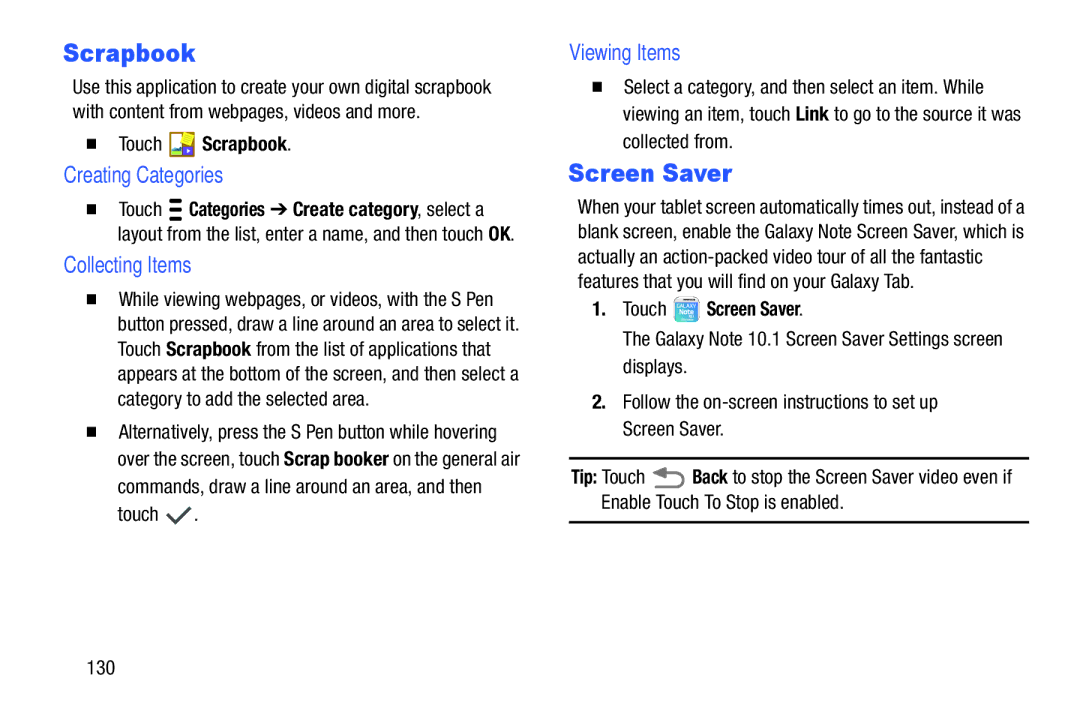 Samsung SMP9000ZKYXAR, SM/P6000ZWYX Scrapbook, Screen Saver, Creating Categories, Collecting Items, Viewing Items 