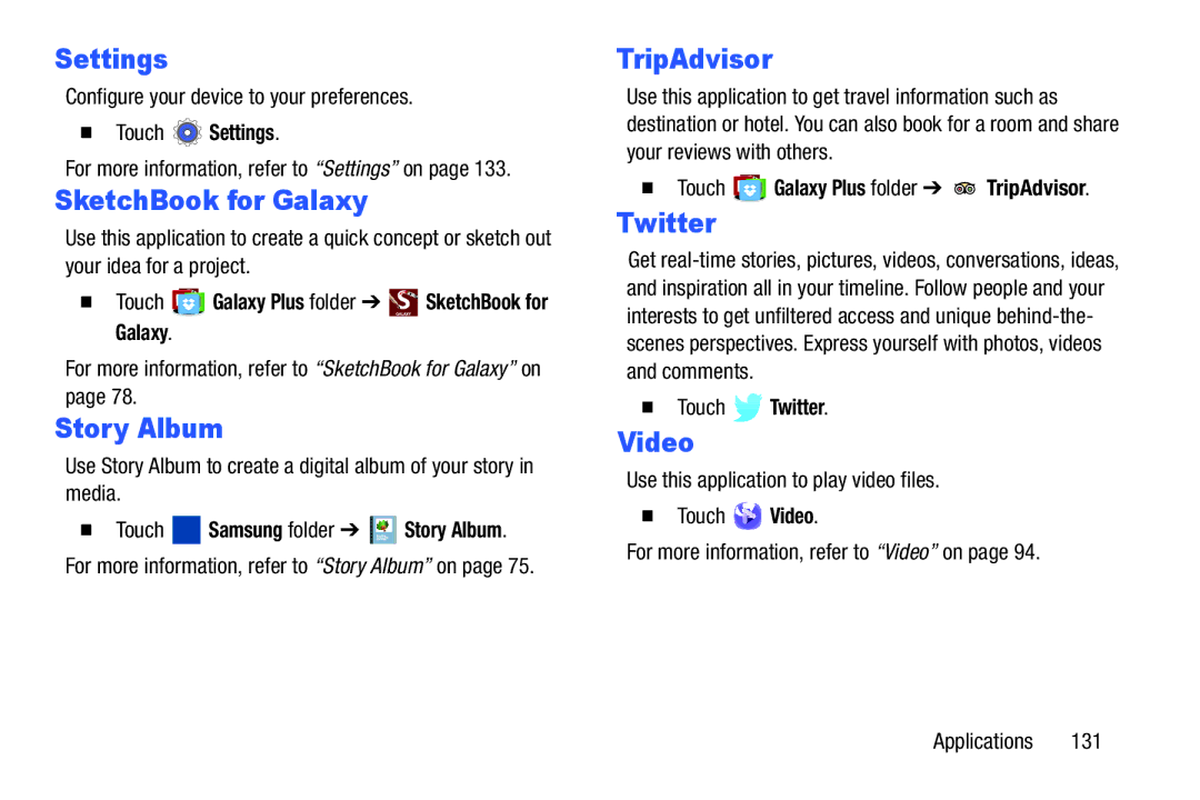 Samsung SM/P6000ZWYX, SMP9000ZKYXAR user manual Settings, TripAdvisor, Twitter 