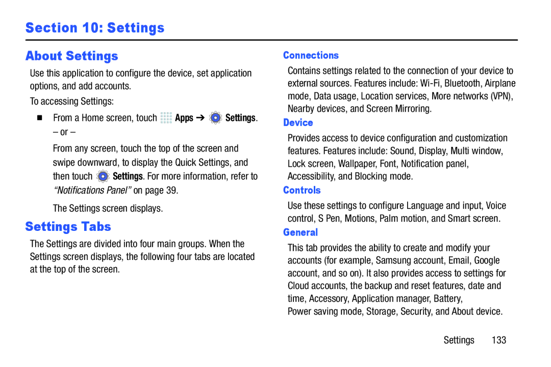 Samsung SM/P6000ZWYX, SMP9000ZKYXAR user manual About Settings, Settings Tabs 