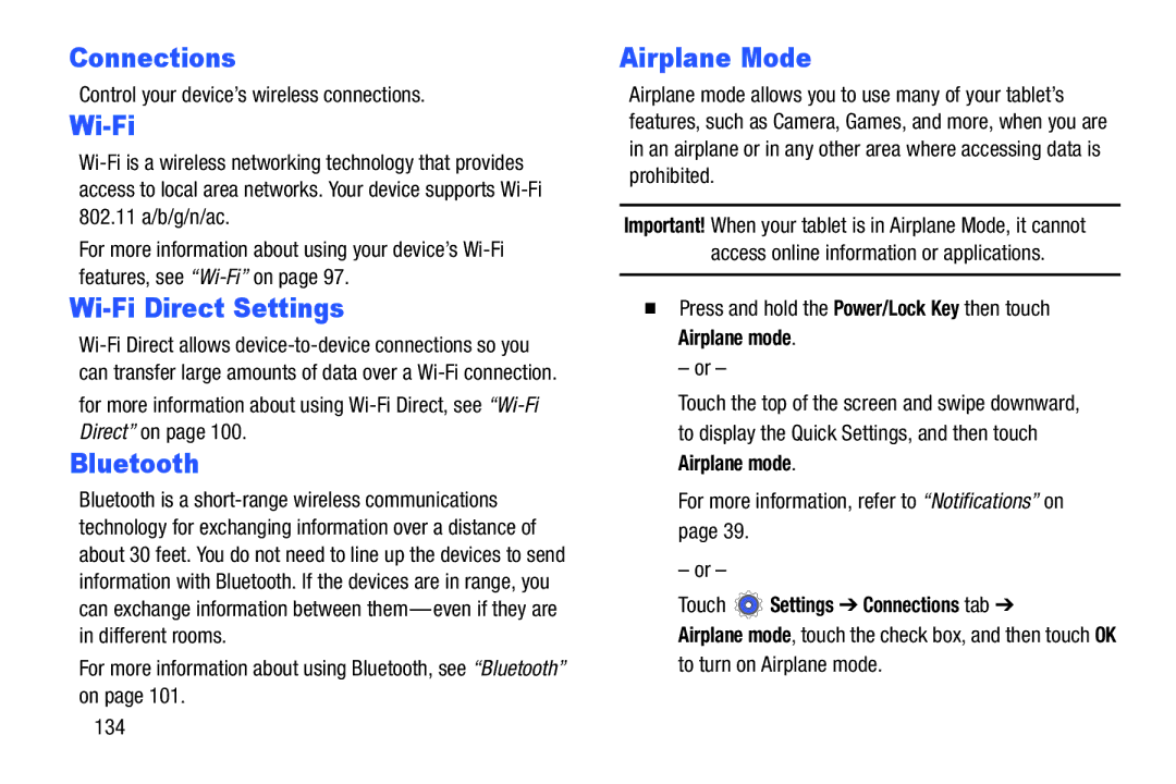 Samsung SMP9000ZKYXAR Connections, Wi-Fi Direct Settings, Airplane Mode, Control your device’s wireless connections 