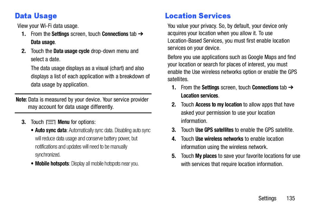 Samsung SM/P6000ZWYX user manual Data Usage, Location Services, Touch the Data usage cycle drop-down menu and select a date 