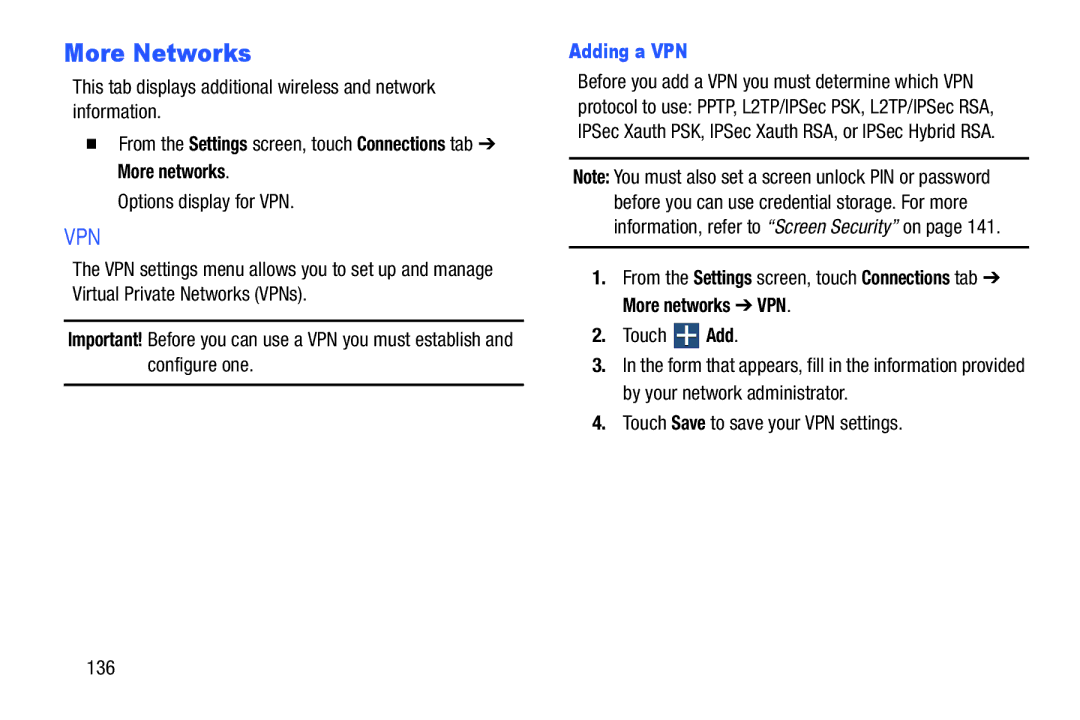 Samsung SMP9000ZKYXAR, SM/P6000ZWYX user manual More Networks, Adding a VPN 