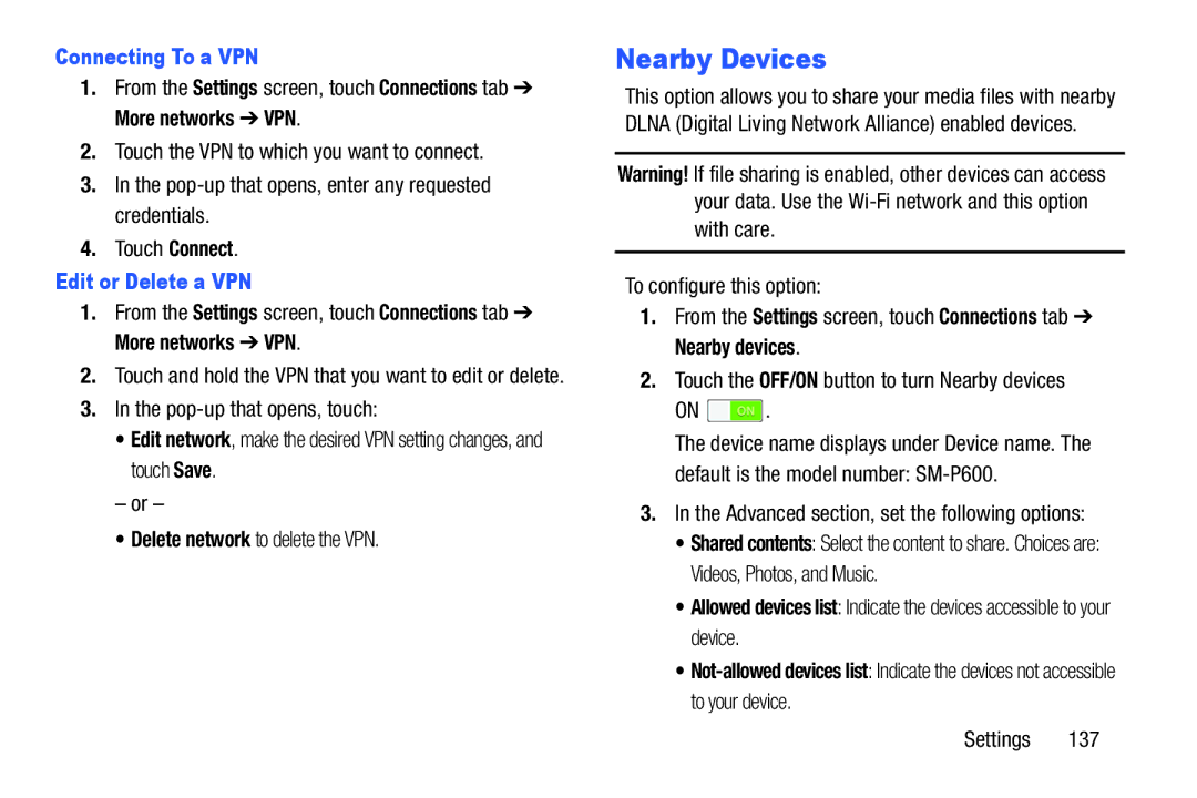 Samsung SM/P6000ZWYX, SMP9000ZKYXAR user manual Nearby Devices, Connecting To a VPN, Edit or Delete a VPN 