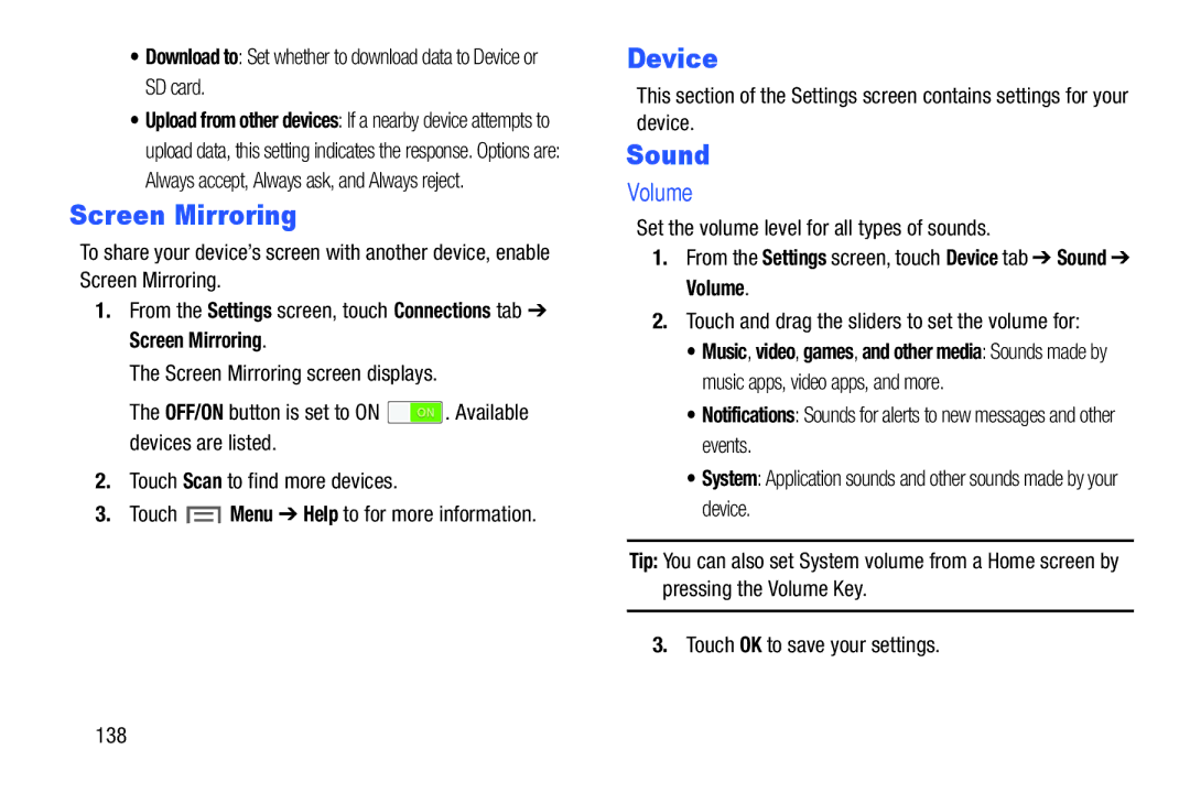 Samsung SMP9000ZKYXAR, SM/P6000ZWYX user manual Screen Mirroring, Device, Sound, Volume 