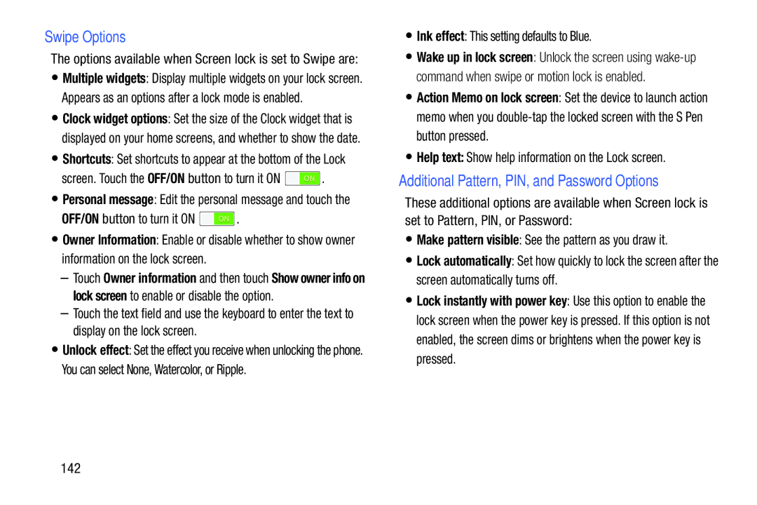 Samsung SMP9000ZKYXAR user manual Swipe Options, OFF/ON button to turn it on, Ink effect This setting defaults to Blue, 142 