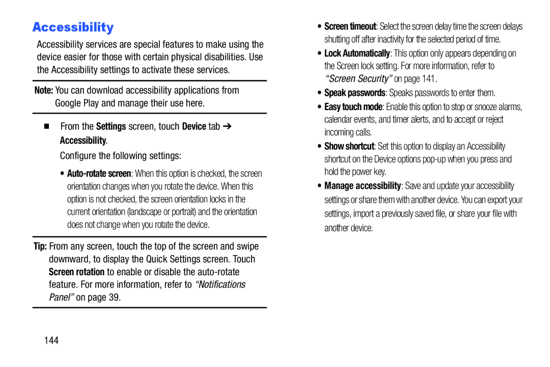 Samsung SMP9000ZKYXAR, SM/P6000ZWYX user manual Accessibility, 144 