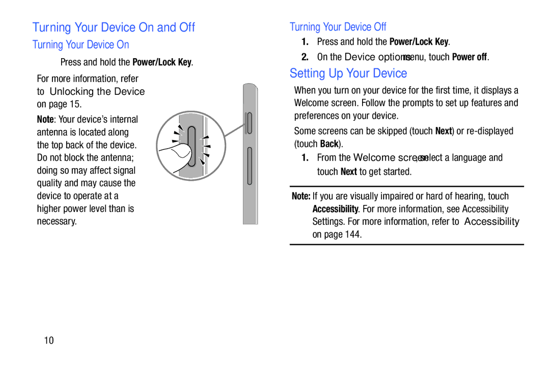 Samsung SMP9000ZKYXAR, SM/P6000ZWYX Turning Your Device On and Off, Setting Up Your Device, Turning Your Device Off 