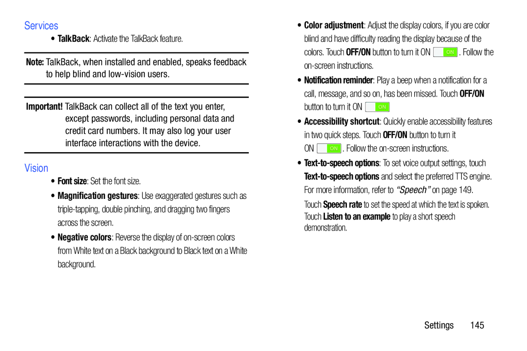 Samsung SM/P6000ZWYX, SMP9000ZKYXAR Services, Vision, TalkBack Activate the TalkBack feature, Font size Set the font size 